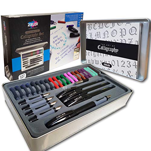 Zieler Ultimate Calligraphy Pen Set – 32-piece Gift Tin Set ● 4 Soft Grip Calligraphy Pens ● 5 free-flowing Nib sections ● 20 Ink cartridges ● Ink convertor ● with Calligraphy Starter Guide - Ultimate Set