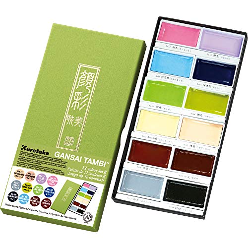Kuretake ZIG GANSAI TAMBI Watercolors 12 colors set 2, Professional-quality pigment inks for artists and crafters, AP-Certified, Made in Japan, MC20/12V/NW