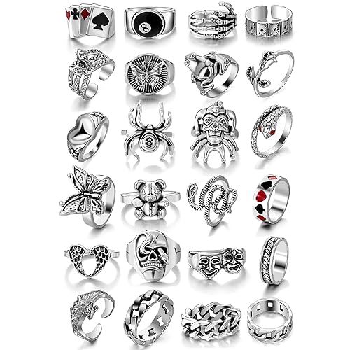 KISS WIFE Cool Rings Set for Women, Vintage Silver Punk Rings Bulk, Gothic Chunky Knuckle Emo Stackable Finger Ring Pack - Gothic