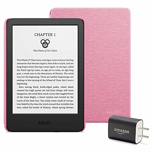 Kindle Essentials Bundle including Kindle (2022 release) - Black - Without Lockscreen Ads, Fabric Cover - Rose, and Power Adapter - Rose - Black Device - Without Lockscreen Ads
