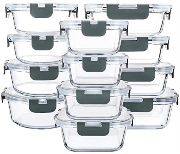 M MCIRCO 24-Piece Glass Food Storage Containers with Upgraded Snap Locking Lids,Glass Meal Prep Containers Set - Airtight Lunch Containers, Microwave, Oven, Freezer and Dishwasher - Gray