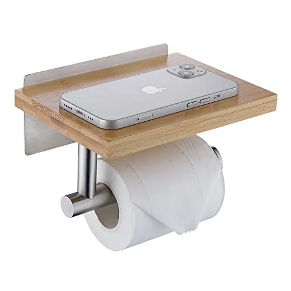 HomeHeng Porte-Rouleau de Papier Toilette avec étagère en Bambou Naturel, Porte-Papier Toilette Salle de Bain sans Perçage, Porte-Rouleau Nickel Brossé, H98903BN