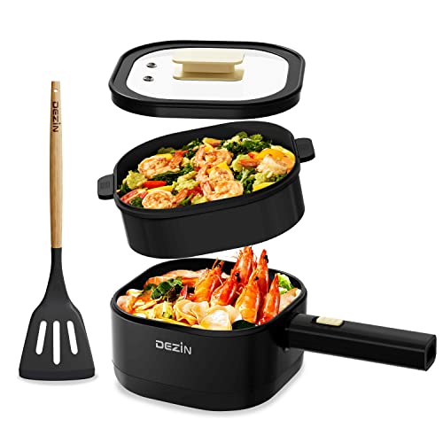 Dezin Electric Hot Pot with Steamer, 2L Non-Stick Ceramic Coating Ramen Cooker, Multifunctional Frying Pan, Portable Hot Pot for Dorm, Office, Travel with Power Adjustment(Silicone Spatula Included) - A(Black/with Steamer)