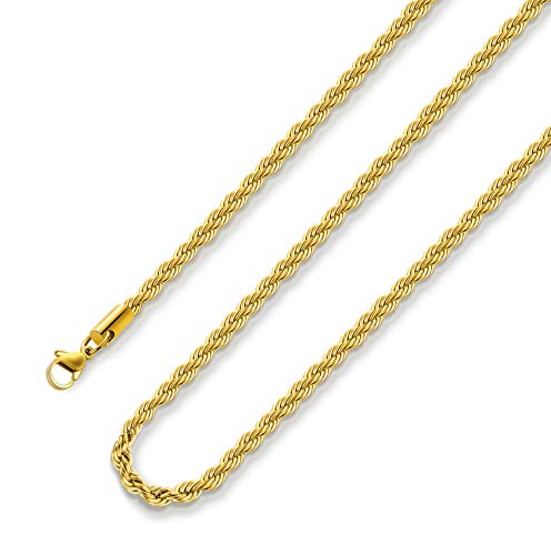18k Real Gold Plated Rope Chain 1.5mm 2.5mm 5mm Stainless Steel Twist Chain Necklace for Men Women 16 Inches 36 Inches Christmas Gift for Men Women - 3mm width - 26 Inches - Real Gold-Plated
