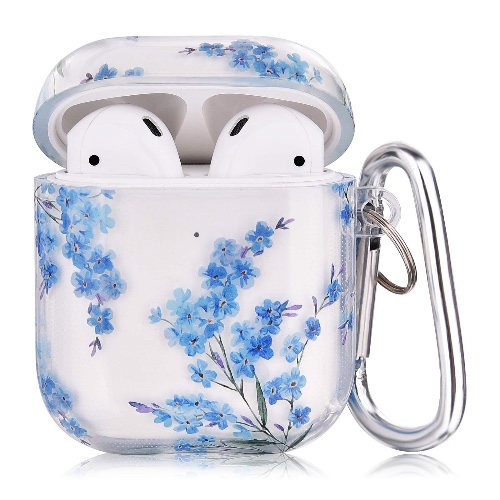 QINGQING Compatible with AirPods Case, 3 in 1 Cute Printed Design Airpods Protective Hard Case Cover Portable & Shockproof Women Men with Keychain for Airpods 2/1 Charging Case - Blue Floral