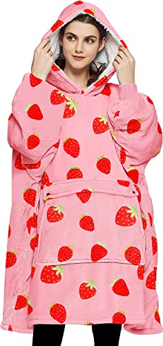 KFUBUO Wearable Blanket Hoodie for Adults Sherpa All Patterns Oversized Sweatshirt Blanket with Pockets Cute Birthday Gifts for Sister Strawberry - Printing-strawberry - Adult