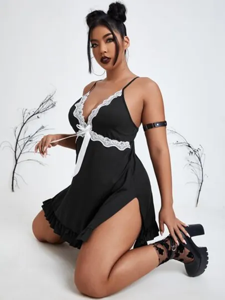 Plus Contrast Lace Bow Decor Slips