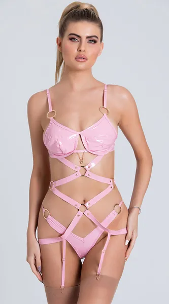 Playboy Rosemarie Vinyl Garter Teddy | Pink / Medium