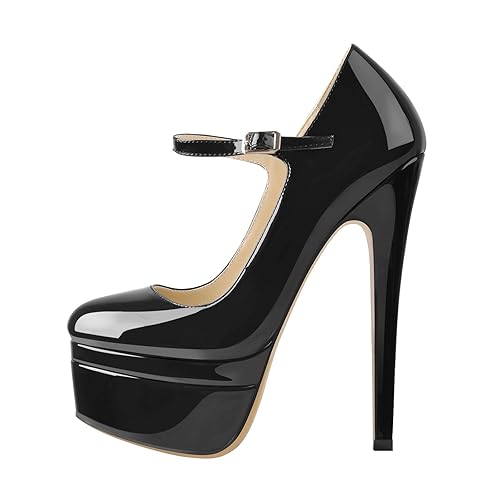 MissHeel Women's Mary Jane Stiletto Pumps Buckle Straps High Heels Closed Toe Ankle High Platform Dress Shoes - 8 UK - Double Platform Black