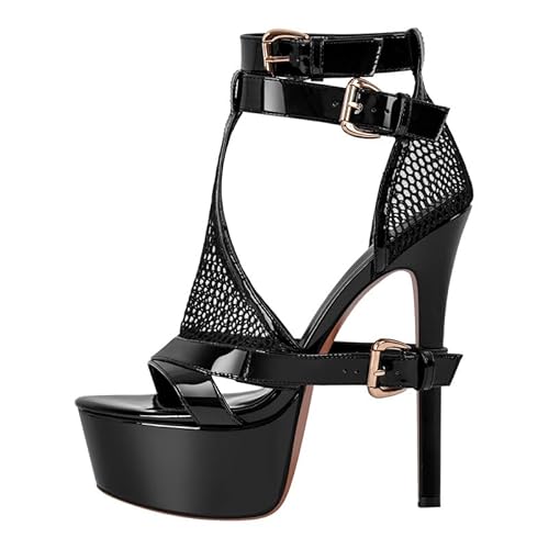 MissHeel Opened Round Toe Stiletto Pump Sandals T-strap Double Grommets Buckle Strappy Fishnet Material Platform Summer Shoes - 8 UK - Black
