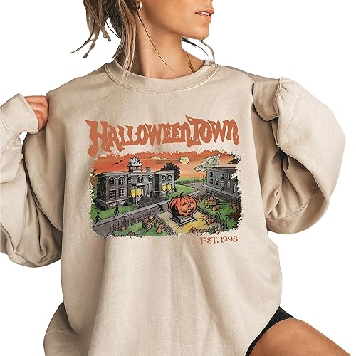 Merrvey Vintage Halloweentown Crewneck Sweatshirt, Halloween Town Est. 1998 Retro Sweater Sand Color - Large - Sand