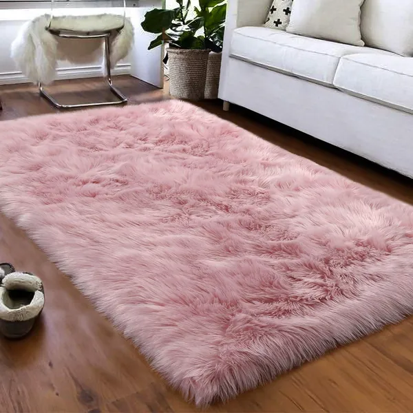 Softlife Fluffy Faux Fur Sheepskin Rugs Luxurious Wool Area Rug for Kids Room Bedroom Bedside Living Room Office Home Decor Carpet ( 3ft x 5ft, Pink )