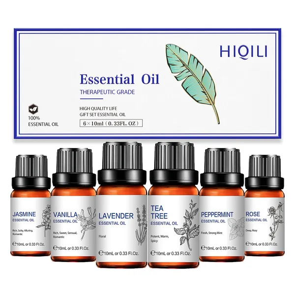 Essential Oils Set of 6-Tea Tree, Lavender, Peppermint, Vanilla, Jasmine, Rose Essential Oil Gift Set for Valentine's Day, Diffuser, Humidifiers, Skin, Hair, Massage