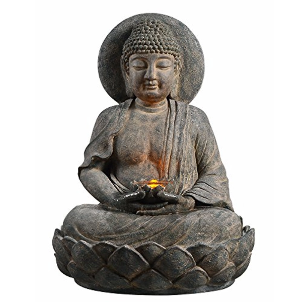 Teamson Home 201607PT Glancy Cabinet Outdoor Indoor Freestanding Floor Buddha Statue Zen Meditation Water Fountain with LED Light for Patio Garden Backyard Deck, 28 Inch Tall, Gray