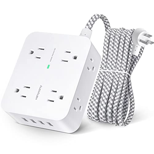 Surge Protector Power Strip - 8 Widely Outlets with 4 USB Charging Ports, 3 Side Outlet Extender with 5Ft Braided Extension Cord, Flat Plug, Wall Mount, Desk USB Charging Station for Home Office ETL - 5Ft
