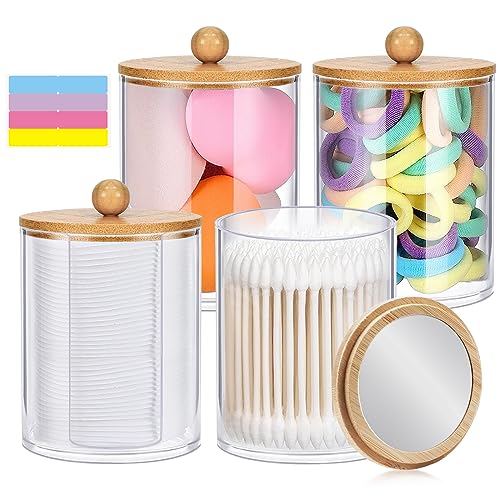 4 Pack Qtip Holder Dispenser, Apothecary Jars with Bamboo Lid and Mirror, Qtip Holder for Cotton Ball, Pads, Swab, Floss, Clear Acrylic Cotton Pad Holder for Bathroom Canister Makeup Storage