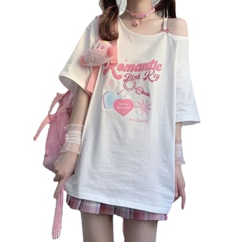 Women Kawaii Off Shoulder T-Shirt Harajuku Sweet Girl White Tops Y2k Aesthetic Cute Graphic Tees Japanese Fashion Shirt - Medium - White