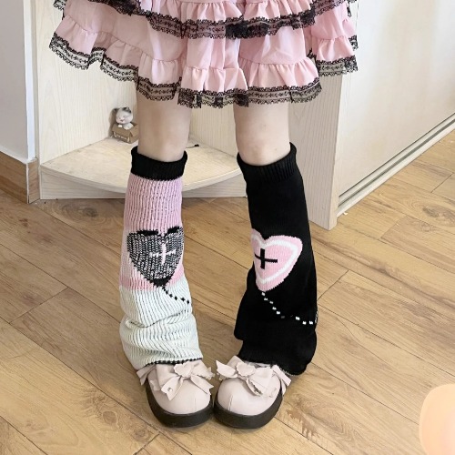 Pastel Goth Heart Cross Leg Warmers - Black