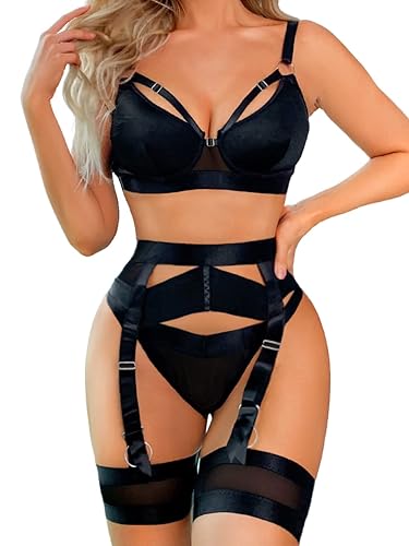 Garter Lingerie for Women,Sexy Lace Lingerie,Sheer Matching 4 Piece Lingerie Set - 14 - Black