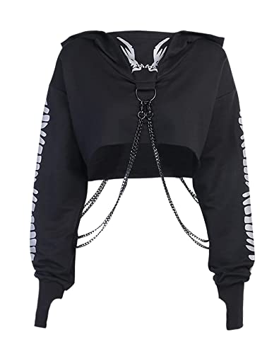 Women's Gothic Punk Dragon Print Long Sleeve Iron Chain Hoodie Sweater Goth Black Hoodies Top - Large - Dark Academia Shirts