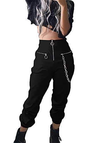 Women's Cargo Pants Joggers Pants with Chain Loose Fit Kpop Black y2k Pants Baggy Streetwear Cargos Aesthetic Pants Gothic - X-Large - Black