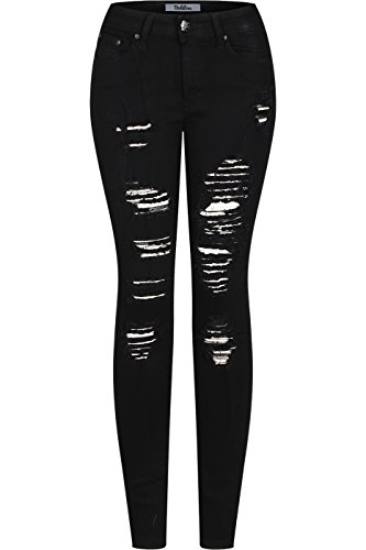 2LUV Women's Stretchy 5 Pocket Destroyed Dark Denim Skinny JeansÂ - 11 - Black9