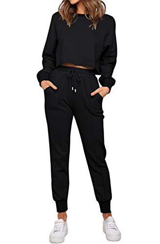ZESICA Women's Long Sleeve Crop Top and Pants Pajama Sets 2 Piece Jogger Long Sleepwear Loungewear Pjs Sets - Black - Medium