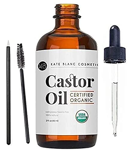 Kate Blanc Cosmetics Castor Oil (2oz), USDA Certified Organic, 100% Pure, Cold Pressed, Hexane Free Stimulate Growth for Eyelashes, Eyebrows, Hair. Skin Moisturizer & Hair Treatment Starter Kit - 2 Fl Oz (Pack of 1)