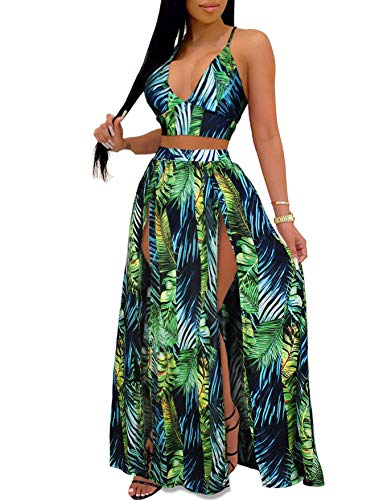 EOSIEDUR Women's Chiffon Bohemian Floral Printed 2 Piece Sets Crop Cami Top & Split Beach Party Maxi Dress - A# Green - Medium