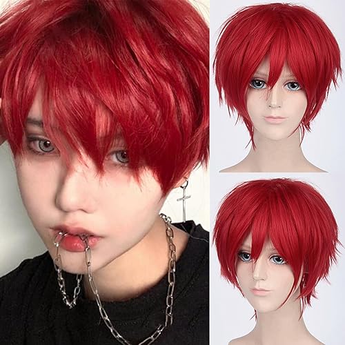 YEESHEDO Unisex Short Red Bob Anime Cosplay Character Wigs Full Natural Layer Straight Fluffy Hair Costume Party Fancy Dress Wig - Red
