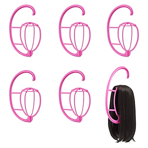 6-Pack Collapsible Wig Storage for Multiple Wigs, Plastic Hanging Wig Stands for Hair Pieces and Headware Accessories, Organization for Closet, Vanity, Costumes, Studio (Pink, 9.8x15 in)
