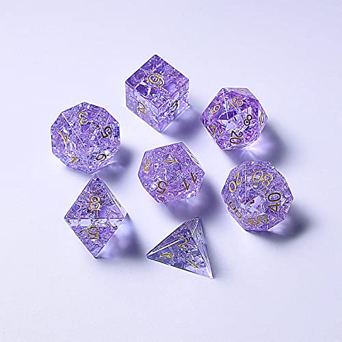 Natural Gemstone Dice Set DND, Full Set 7 Piece Glass D&D Dice with Portable Cloth Bag and Tablecloth for Dungeons and Dragons D&D（Purple Blast Glass） - Purple