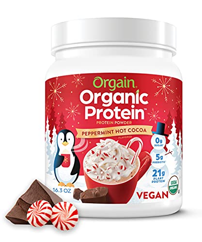 Orgain Organic Vegan Protein Powder, Peppermint Hot Cocoa Seasonal Holiday Flavor - 21g of Plant Based Protein, Non Dairy, Gluten Free, 2g of Fiber, No Sugar Added, Soy Free, Non-GMO, 1.02 Lb - Peppermint Hot Cocoa - 10 Servings (Pack of 1)