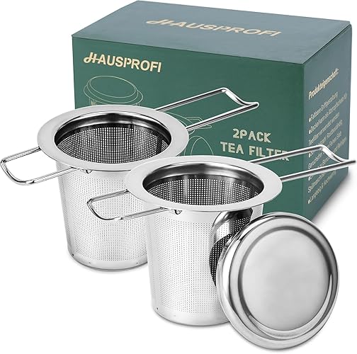 HAUSPROFI Tea Infuser, 304 Stainless Steel Tea Strainer with Lid and Foldable Handle, Tea Filter for Teapots Cups Mugs to Brewing Steeping Loose Leaf, 2 Pack - 2 Pack