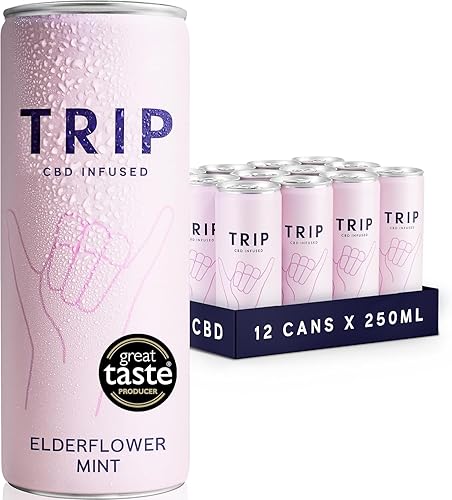 TRIP CBD Drink, Sparkling Elderflower Mint Fizzy Drink, Low Calorie, Vegan, Stress & Anxiety Relief, 250 ml (Pack of 12) - Elderflower Mint - 12 pack