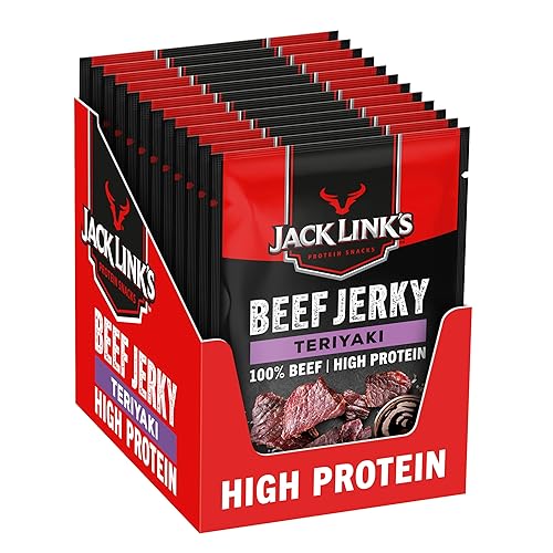 Jack Link's Beef Jerky, Teriyaki Flavour High Protein Meat Snack, Multipack Box of 12 x 40 Gram Packs - Teriyaki - 40 g (Pack of 12)