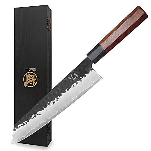 MITSUMOTO SAKARI 23 cm Coltello da Cucina, Coltello da Carne in Acciaio ad Alto Tenore di Carbonio, Coltelli da Cucina Professionali Forgiato a Mano (Manico in Palissandro e Confezione Regalo) - 23 cm Coltello Kiritsuke