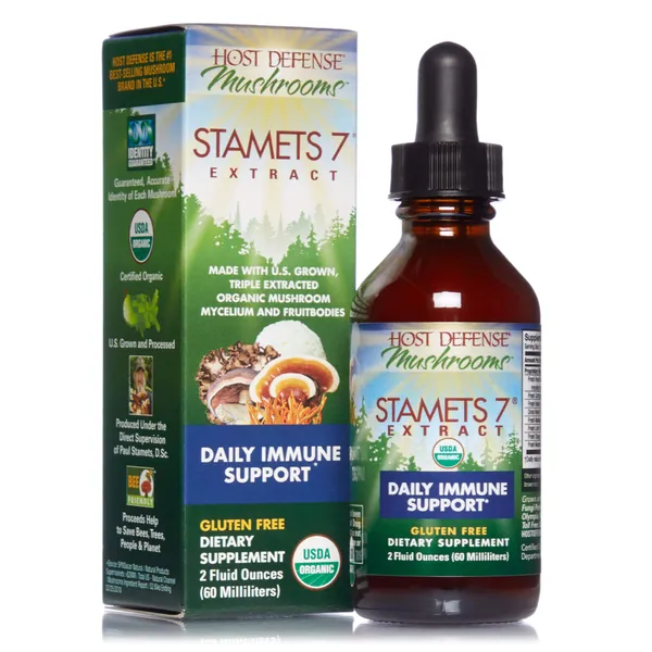 Host Defense, Stamets 7 Extract, Daily Immune Support, Mushroom Supplement with Lion’s Mane, Reishi, Vegan, Organic, 2 oz (60 Servings) - 