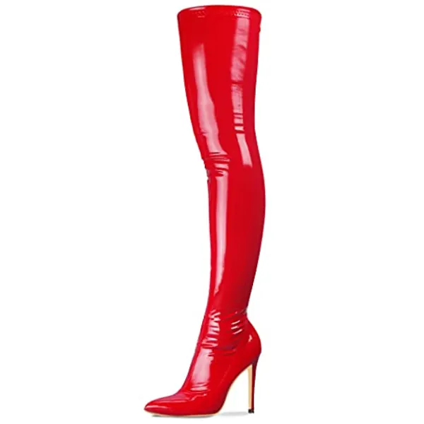 Women's Patent Leather PU Thigh High Boots Pointy Toe Side Zippe Fashion Comfy Sexy Stiletto High Heel Over The Knee Boots