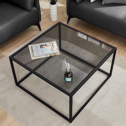 SAYGOER Glass Coffee Table, Small Modern Coffee Table Square Simple Center Tables for Living Room 26.7 x 26.7 x 15.7 Inches, Gray Black - Coffee Table-gray - 26.7"D x 26.7"W x 15.7"H