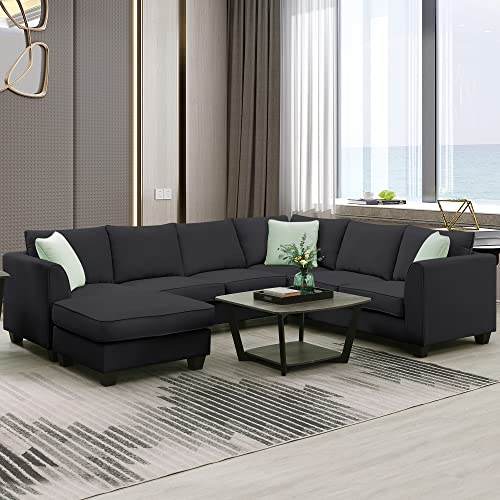 P PURLOVE Modern Large Sectional Sofa, L Shape Fabric Sofa Corner Couch Set with Ottoman and 3 Pillows, Extra Wide Chaise Lounge Couch for Living Room Apartment, Black - 112" - Black