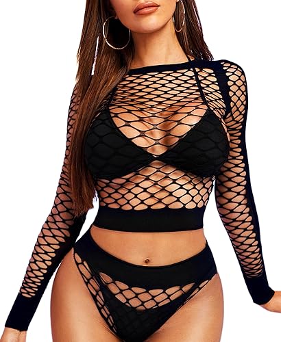 RSLOVE Women Sexy Mesh Lingerie Fishnet Babydoll Free Size Bodysuit See Through Shirts Long Sleeve - One Size - Black