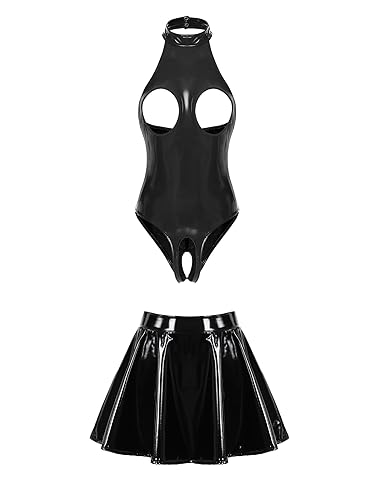 Yihuimin Woman's Latex Wet Look 2 Piece Dress PVC Leather Hollow Out Bodysuit Skater Skirt Outfits - Black - Medium