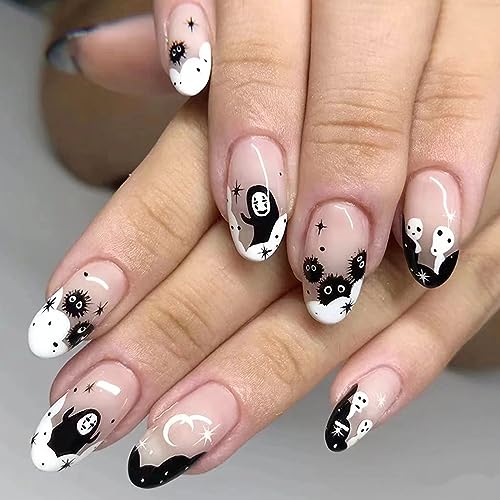 Folmywy Halloween Almond Short Fake Nails Press on Nails Glossy Artificial Nail Ghost Oval Cute Easter Festival Decoration Sets for Women Gilrs 24Pcs - White Ghost