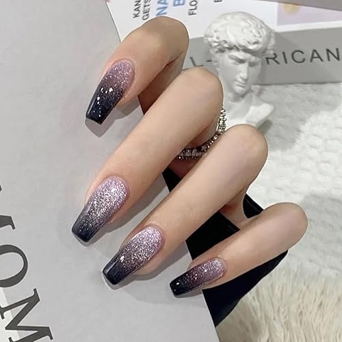 24 Pcs Black Gradient Pink Cat Eye Press on Nails for Women,Silver Glitter Coffin Medium False Nails,Acrylic Nails,Black French False Nails - J