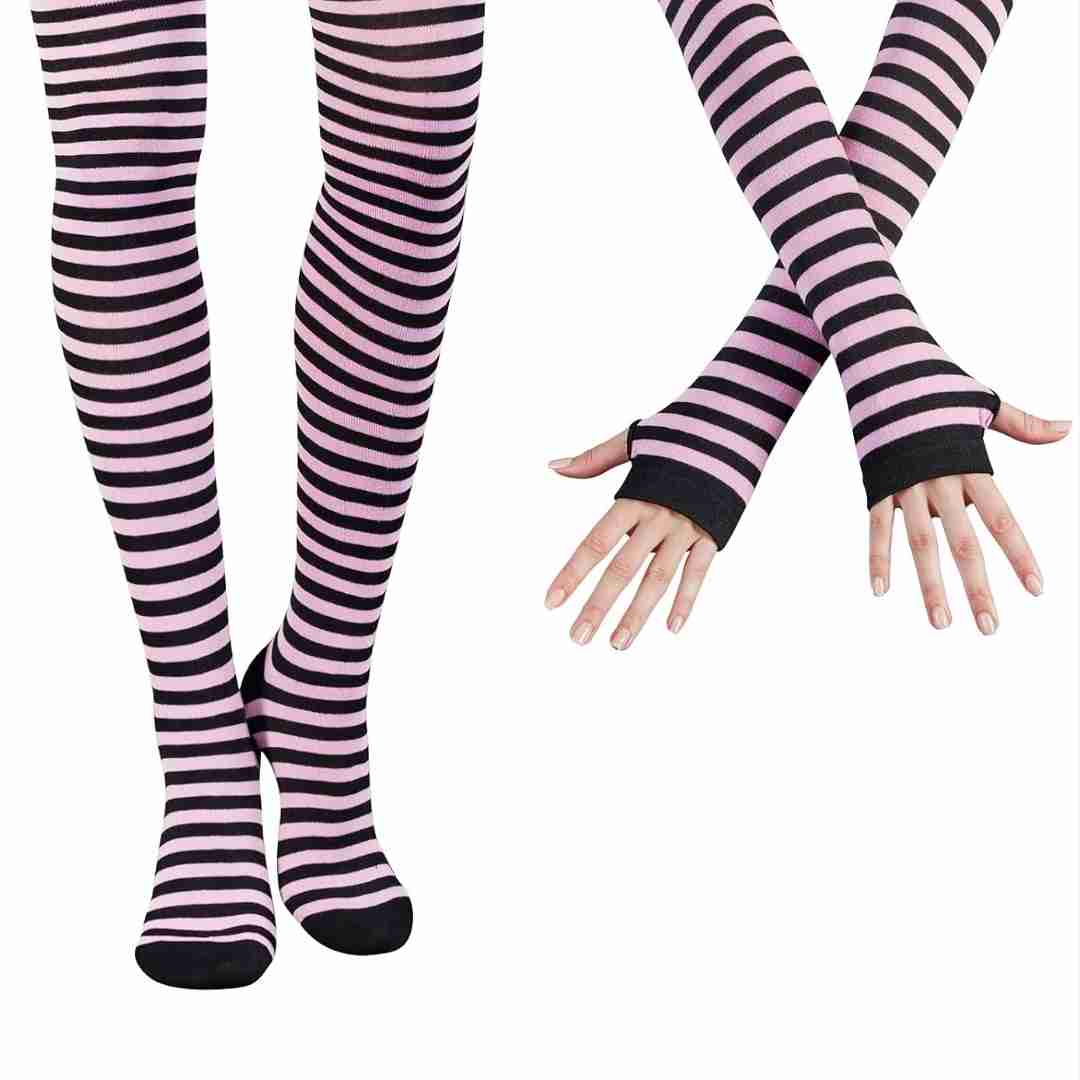 Kniestrümpfe Overknee Fingerlose Handschuhe rosa/schwarz