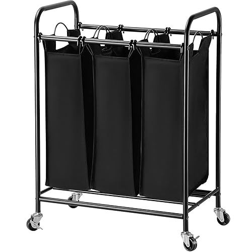 SortWise 3-Bag Large Laundry Sorter Cart, Heavy Duty Rolling Laundry Hamper with Wheels and Removable Laundry Bags and Lifting Handles, 24.29'' x 15.35'' x 33.23'', Black