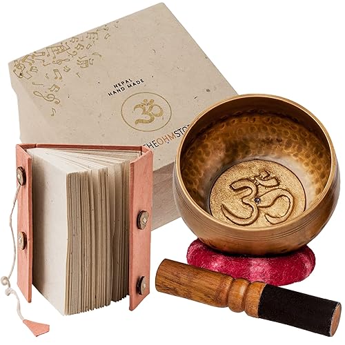 Tibetan Singing Bowl Set — Journal with Meditation Sound Bowl Self Care Gift Handcrafted in Nepal for Healing and Mindfulness — Yoga, Stress and Anxiety Relief - 4 Inch with Journal Giftbox