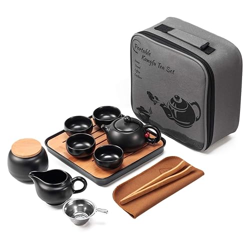 Chinese Tea Pot Set with Cup Tray - Travel Ceramic Tea Pot Infuser Porcelain Teapot, Portable Ceramic Tea Set Gift Bag All in One for Outdoor Picnic Business Hotel - Black