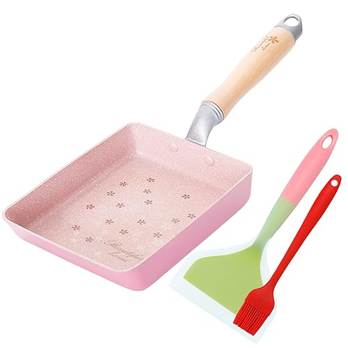 Petiparkit Japanese Omelette Pan Nonstick Tamagoyaki Egg Pan, Retangle Small Frying Pan, with Silicone Spatula & Brush, 7” x 5”, Pink - Pink